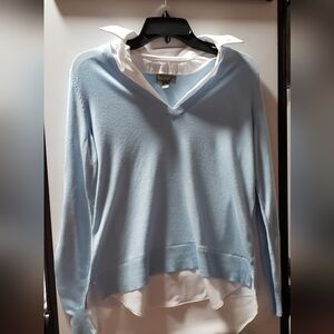 Light Blue V-Neck Sweater with Layered Hem